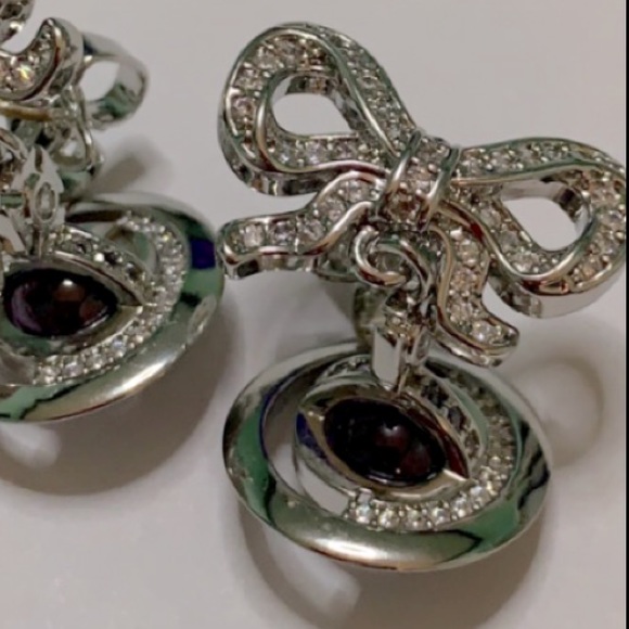 silver tone signature Orb Drop of crystal Bow small earrings - Picture 8 of 10